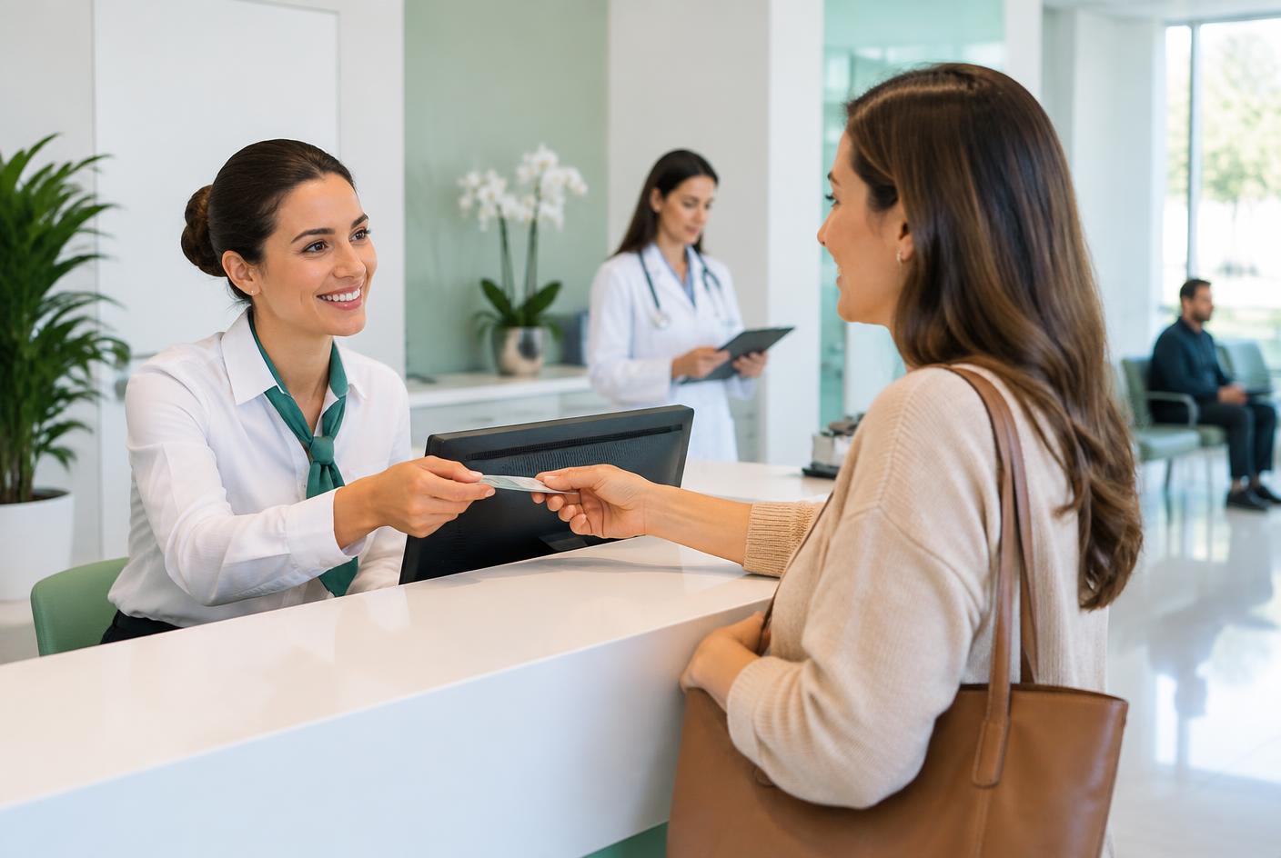 Atendimento profissional e organizado na recepção de uma clínica