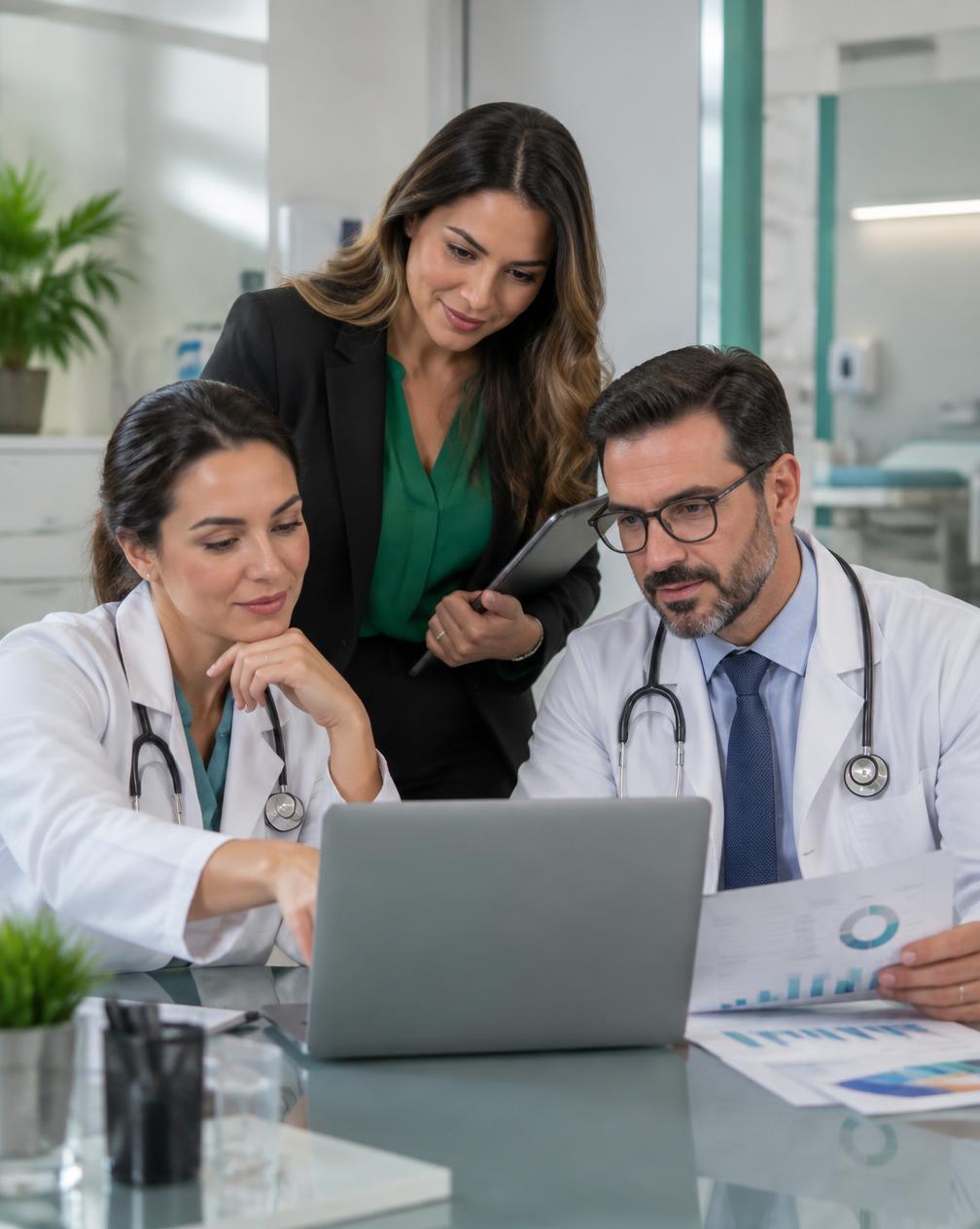 Equipe médica e gestora analisando dados administrativos da clínica
